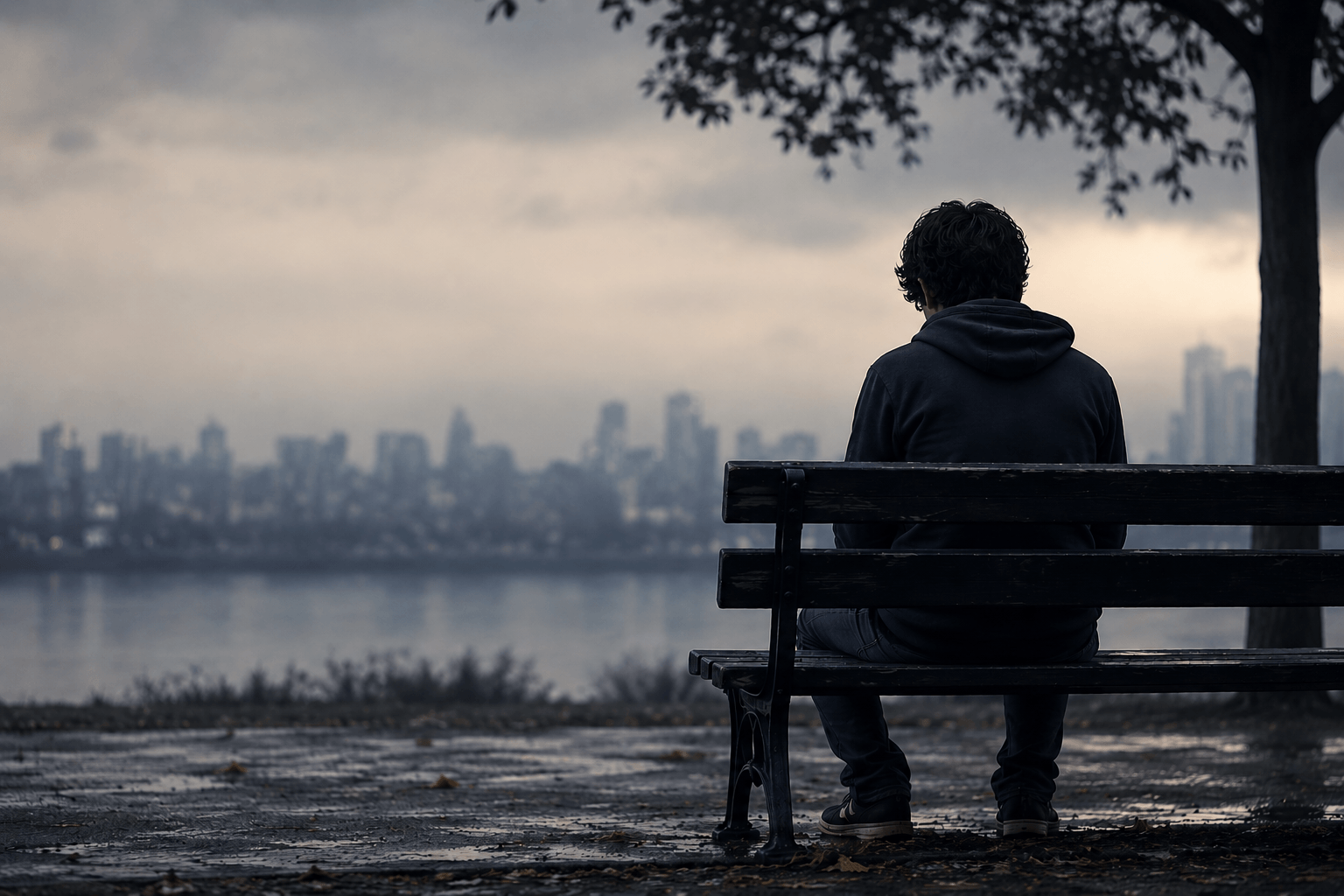 Person sitting alone on a park bench thinking I have no friend